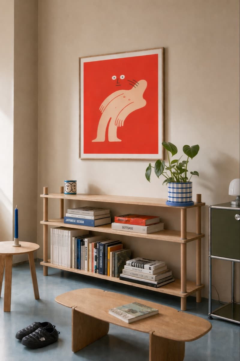 Ett djervt rødt kunsttrykk på en nøytral vegg i en skandinavisk stue