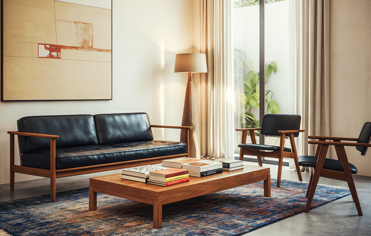 Modern Scandinavian living room with leather furniture, abstract art, and natural light