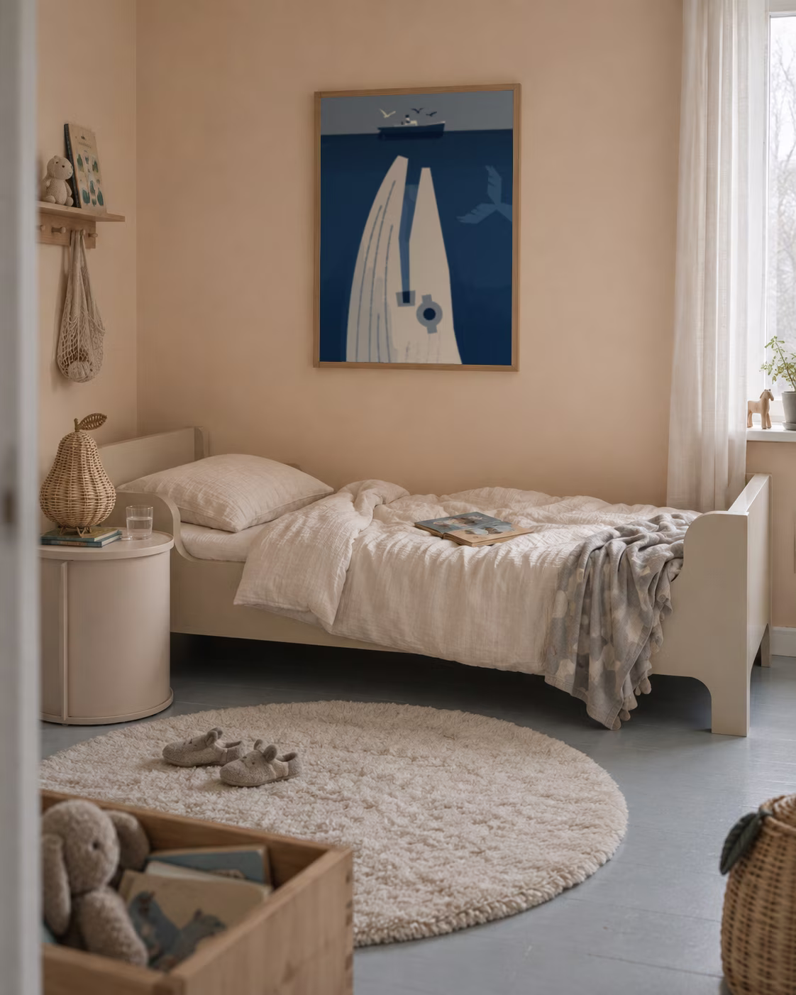 Big Whale by Christina Hägerfors, framed and styled in a room setting