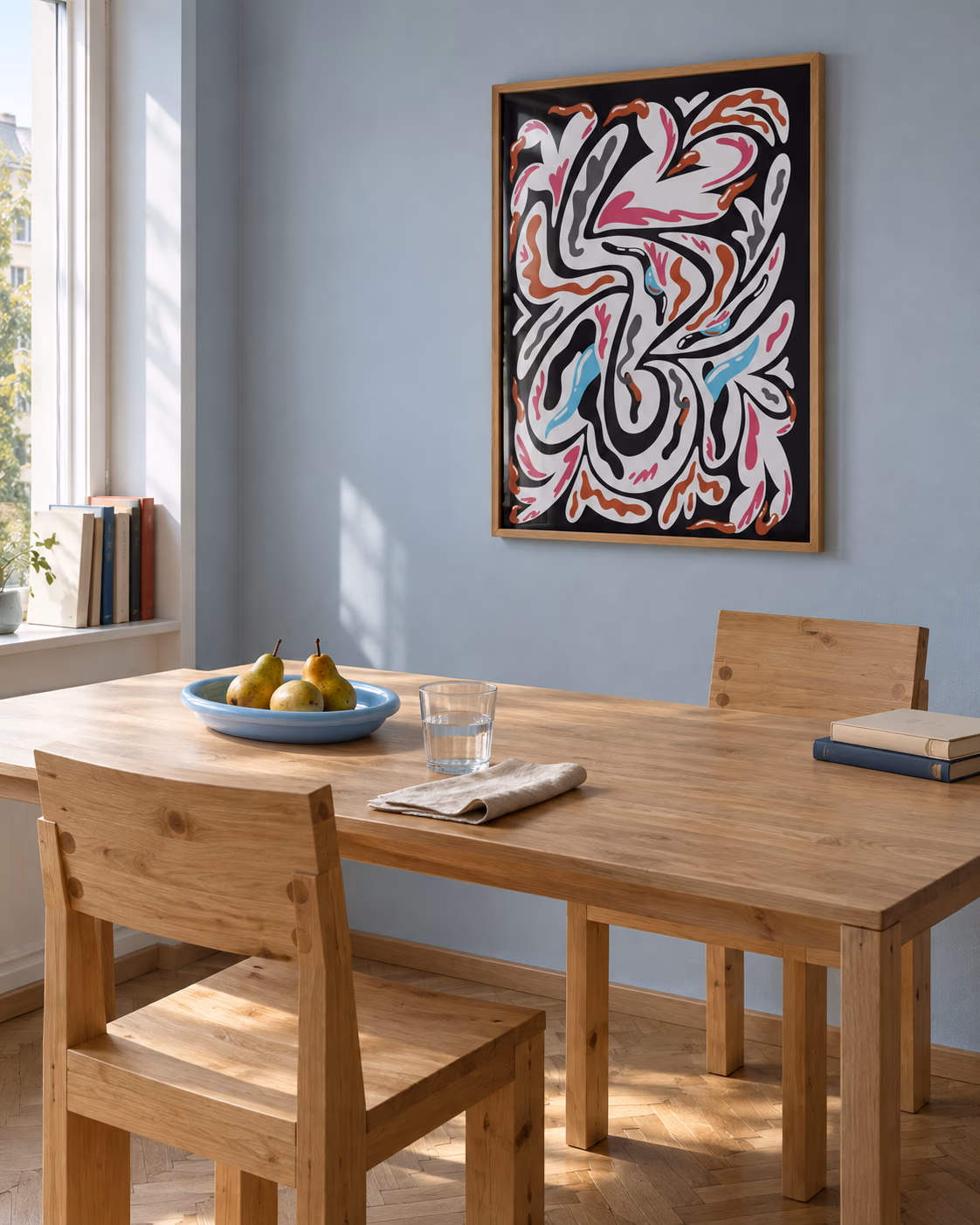 Dragon by Helene Brox framed on a blue dining room wall