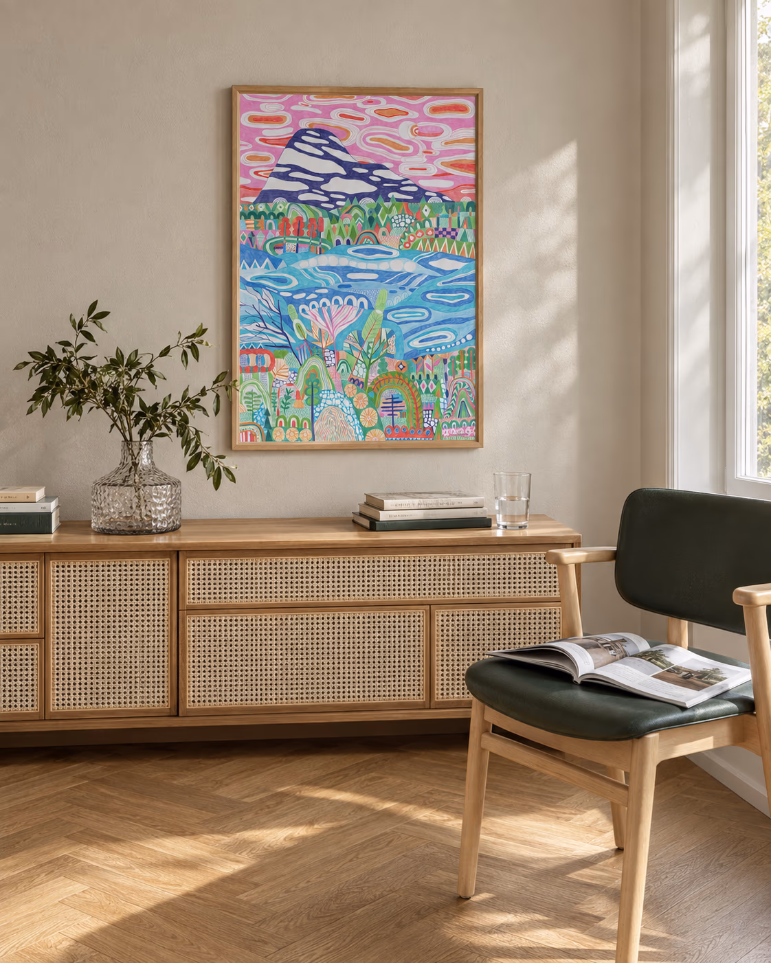Eltsjøen by Ingunn Dybendal framed in a reading corner with a herringbone floor