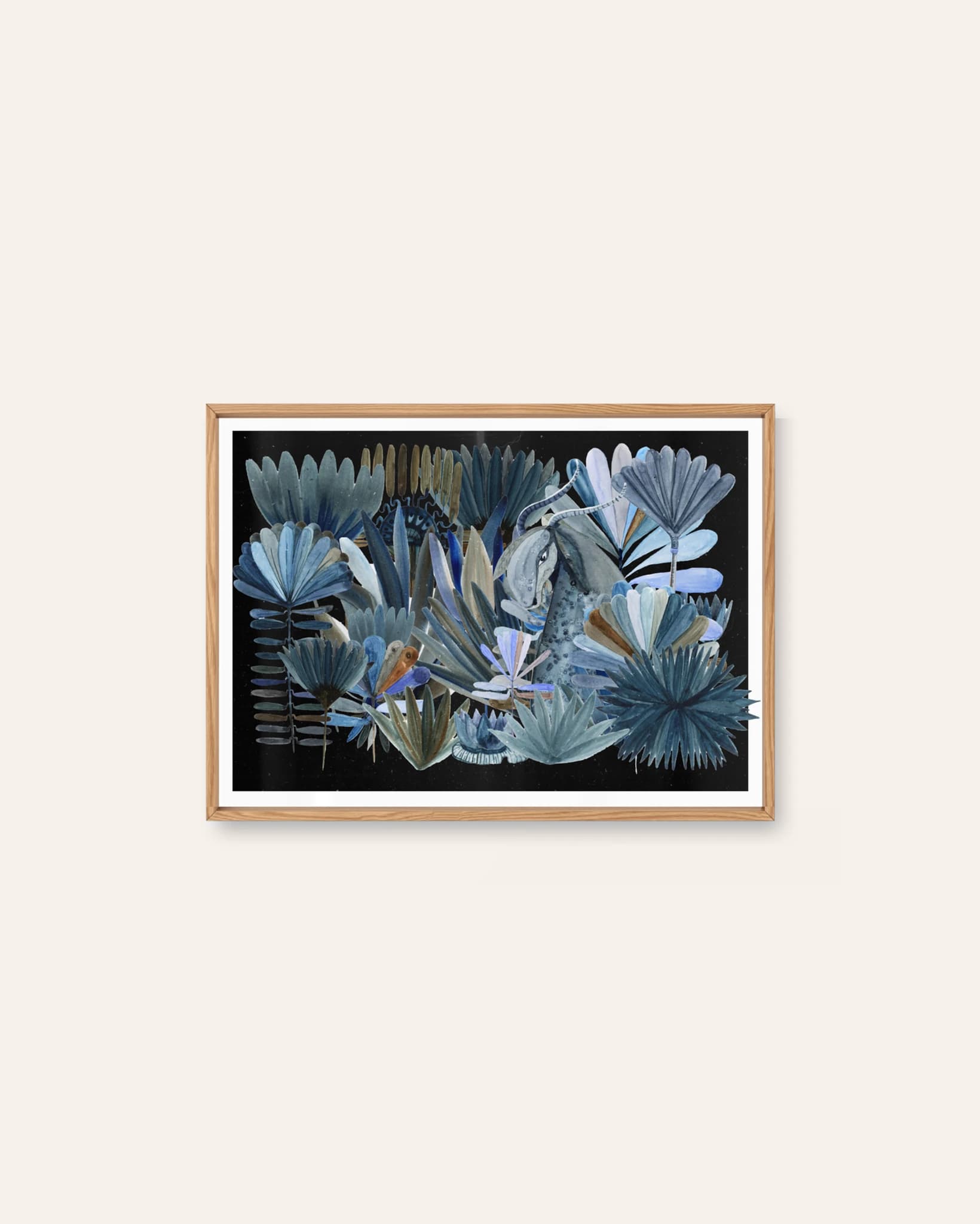 Creature Among Blue Leaves by Ishtar Bäcklund Dakhil, an illustrated Scandinavian art print