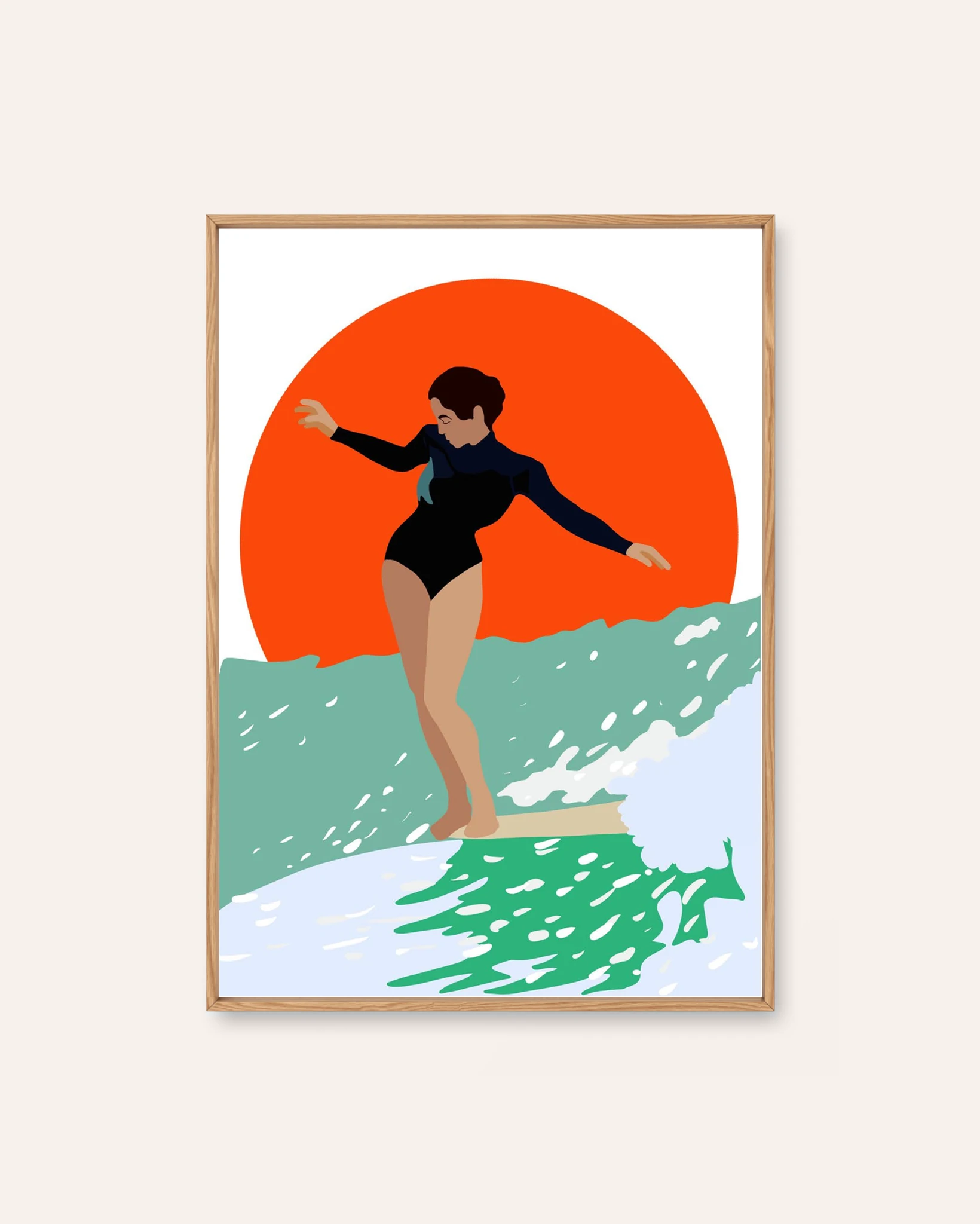 Surfer with Orange Sun by Ishtar Bäcklund Dakhil, an illustrated Scandinavian art print