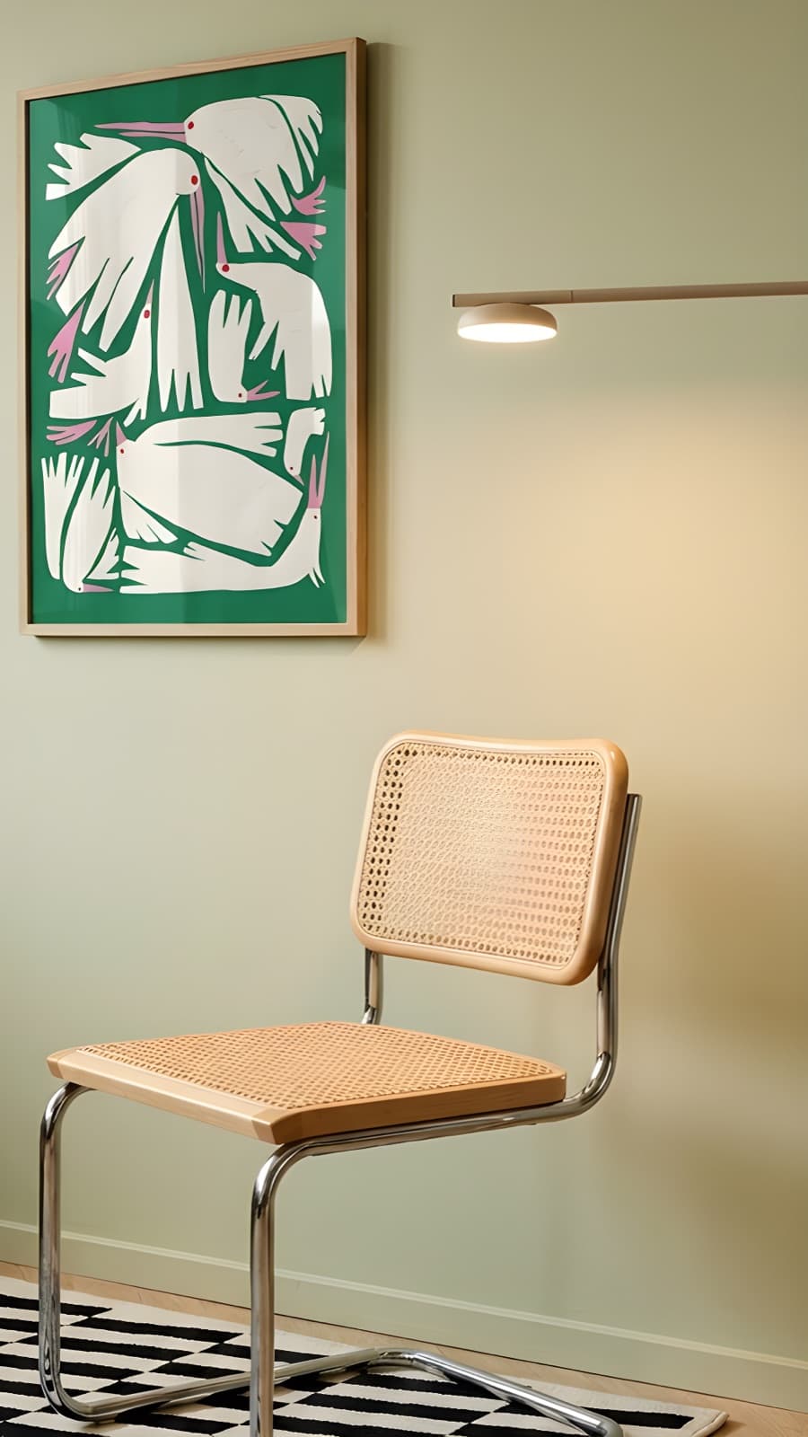 Birdie Green on a sage wall beside a cane cantilever chair